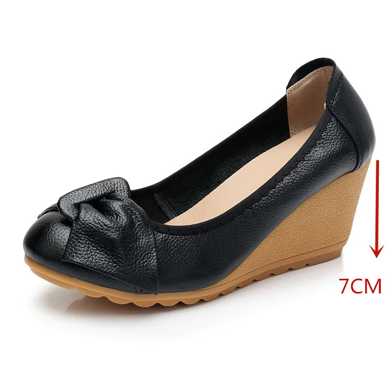 Новинка 2019 кожаные удобные туфли на высоком каблуке танкетке для мам лодочки с