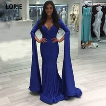 Lorie azul royal sereia vestido de noite com fitas de manga longa plissado elegante com decote em v cetim formal dubai praia vestidos de festa de formatura (2)