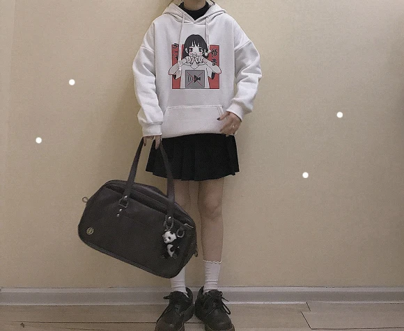 Аниме принт толстовка женская Kawaii Толстовка Harajuku одежда пуловер с капюшоном корейского размера плюс тонкая Повседневная Уличная одежда Топ V562