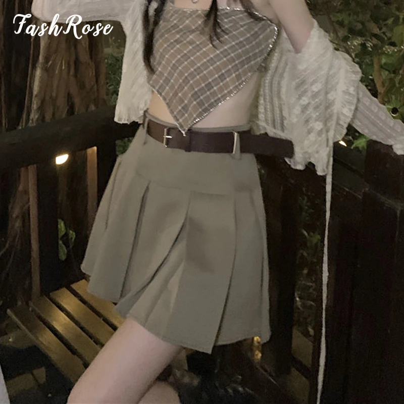 

FASHROSE Low Rise Y2K Pleated Tennis Skirt Khaki Vintage 90s Aesthetic Women Clothing Cute 2022 Fashion Slim A-line Short Skirts