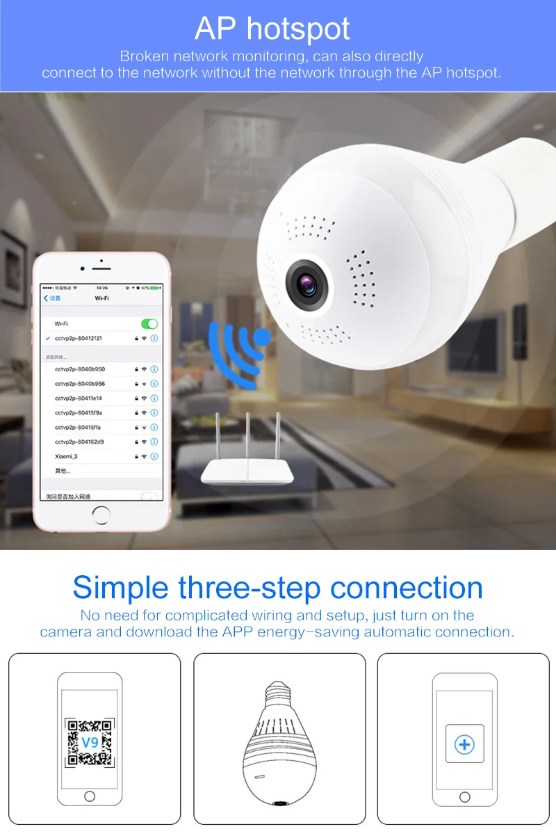 Лампа Wifi IP камера 960 P/1080 P домашняя беспроводная камера безопасности панорамная рыбий глаз поддержка 360 градусов Безопасность и защита
