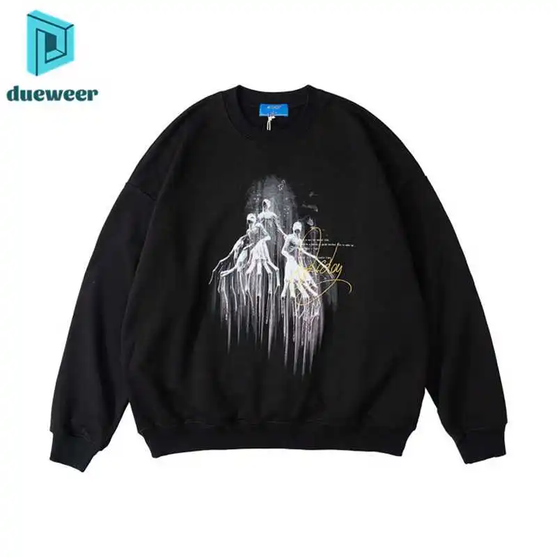 

Dueweer Vintage Punk Candle Skull Sweatshirt Pullover Hip Hop Washed Destroyed Hoodies Men Streetwear Oversized Sweatshirts
