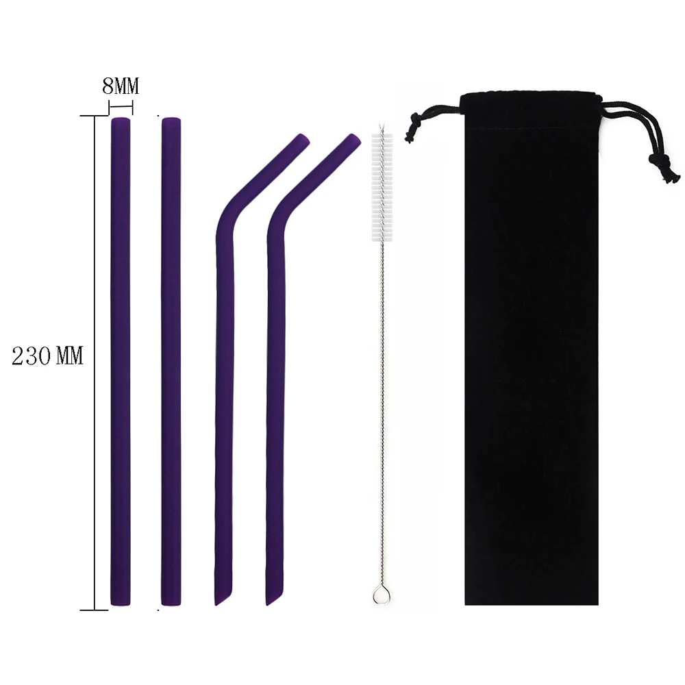 plum 230mm 6 шт./компл. красочное питье силиконовая трубочка набор 23 см 25 см пищевой соломинки для путешествий многоразовая солома с кистью сумка для хранения - Цвет: plum 230mm