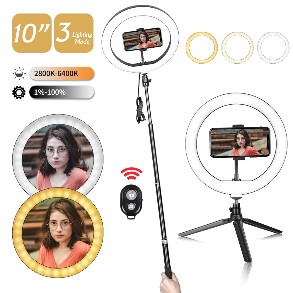 

10inch LED Selfie Ring Light With Tripod Stand Phone Holder For Makeup/Live Stream,Ringlight for YouTube Video/Photography