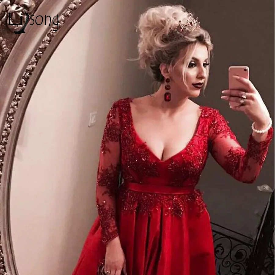 

Elegant Red A-line Lace Evening Dresses Full Sleeves V-neck Beaded Appliques Evening Gowns Modest Formal Dress