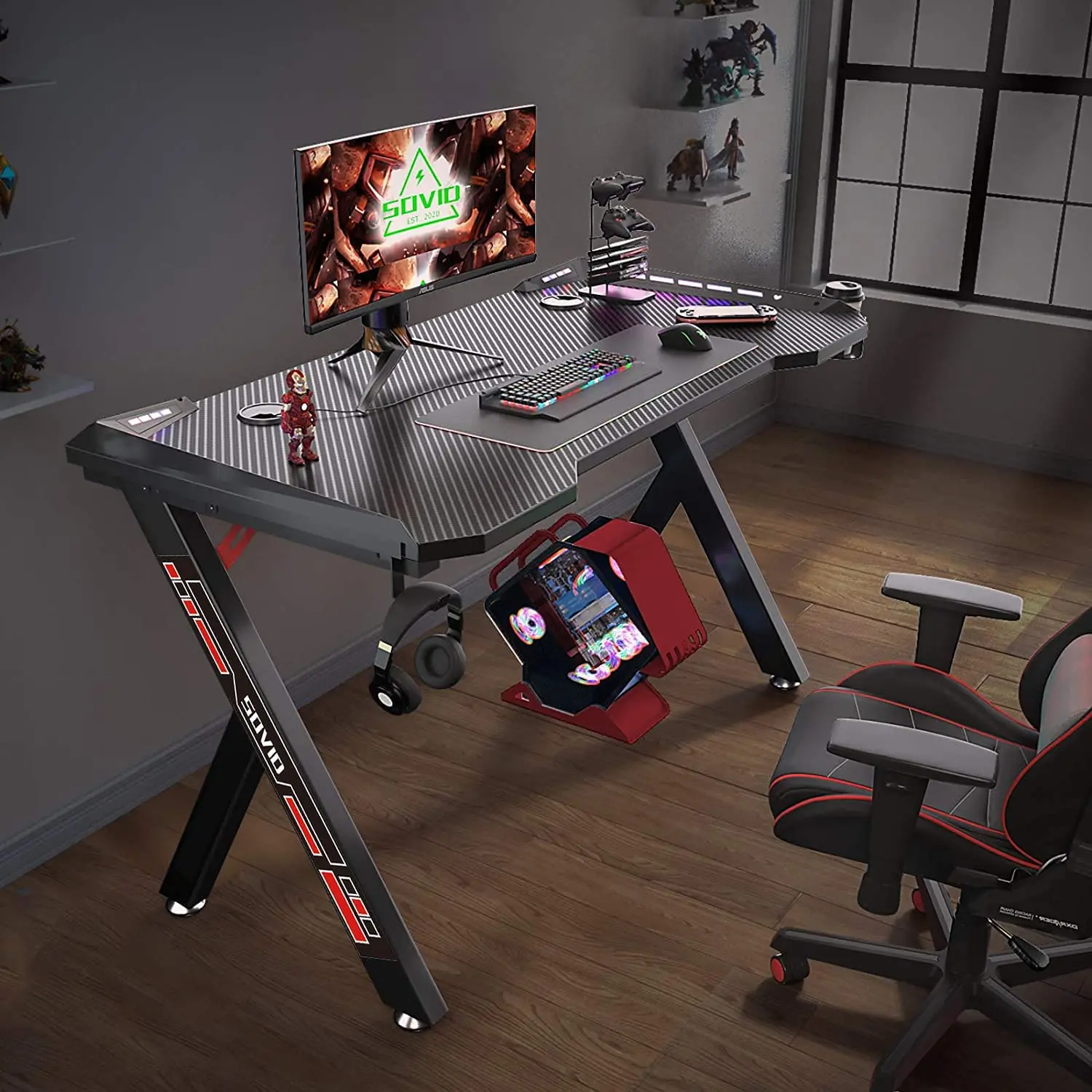 

Gaming Desk with LED RGB Lights 47Inch PC Computer Desk Y Shaped Gamer Setup Accessories Handle Rack Cup Holder & Headphone Hook