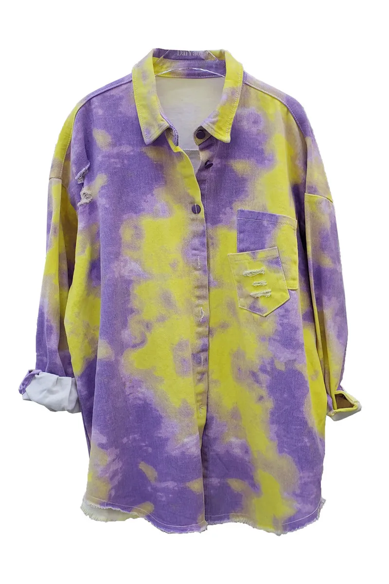 

Tie Dyed Denim Shirt for Women 2021 Spring New Loose Retro Fashion Blouse Long Sleeve Inner Wear Female Shirt