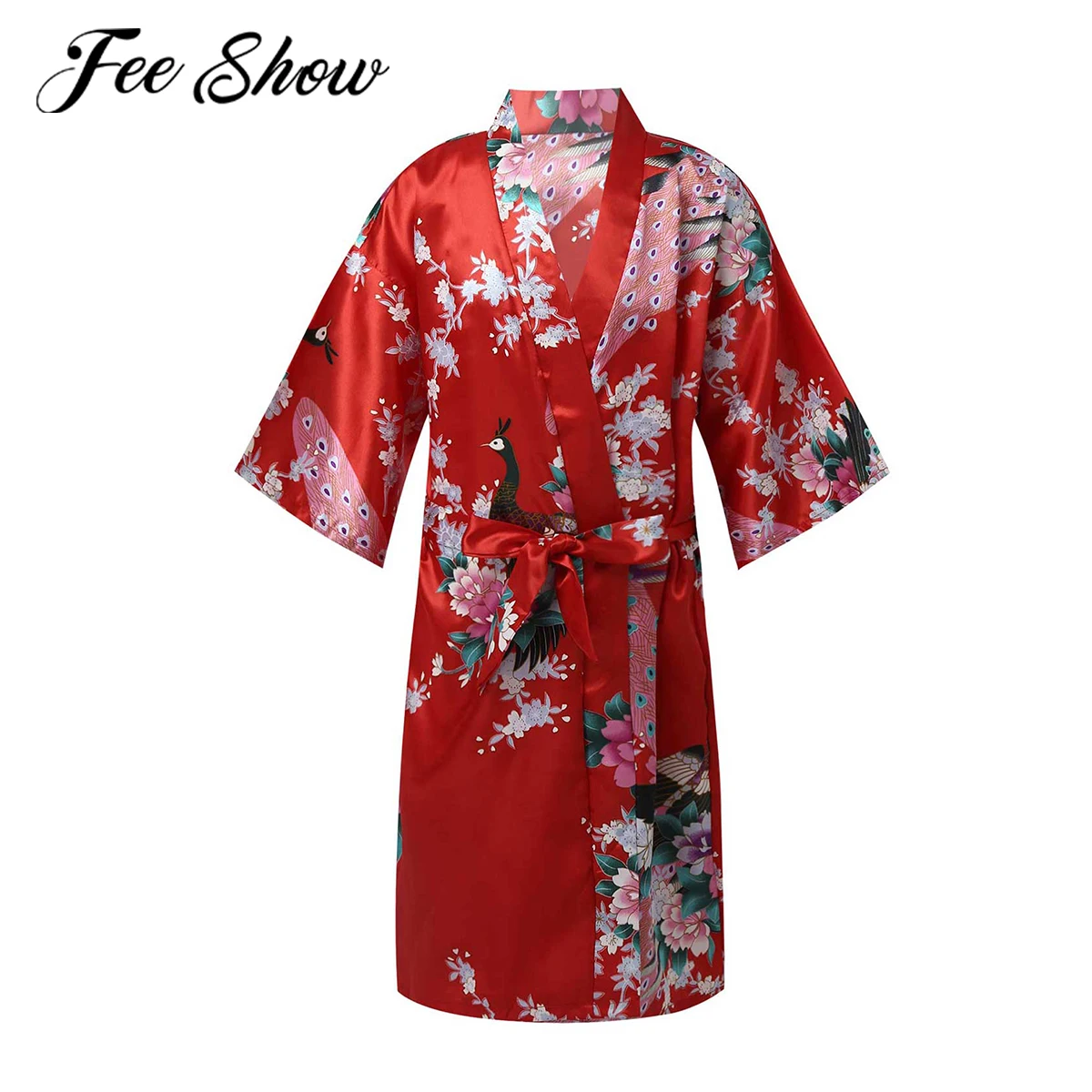 

Новое Детское платье с изображением павлина для маленьких девочек с цветочным принтом халат с принтом из искусственного атласное кимоно ха...