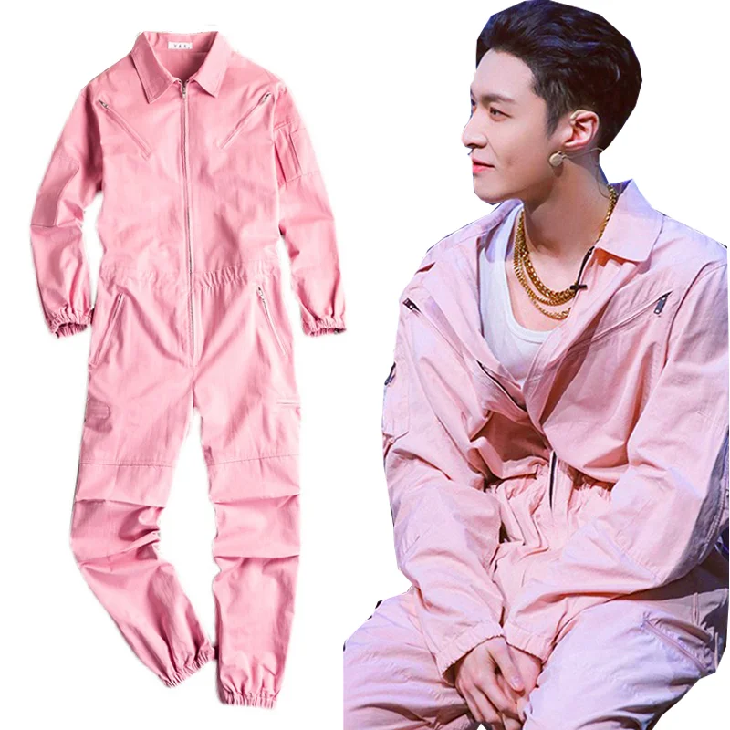 2021 pink fashion bib men's Japanese and Korean denim jumpsuit pink hip-hop street jeans overalls jumpsuit
