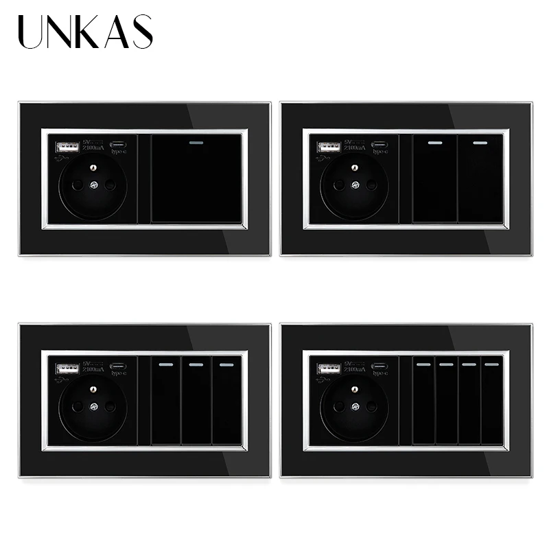 

UNKAS Black Type C Wall USB Port French Standard 16A Socket 1 2 3 4 Gang 1 / 2 Way On / Off Push Button Acrylic Panel Outlet