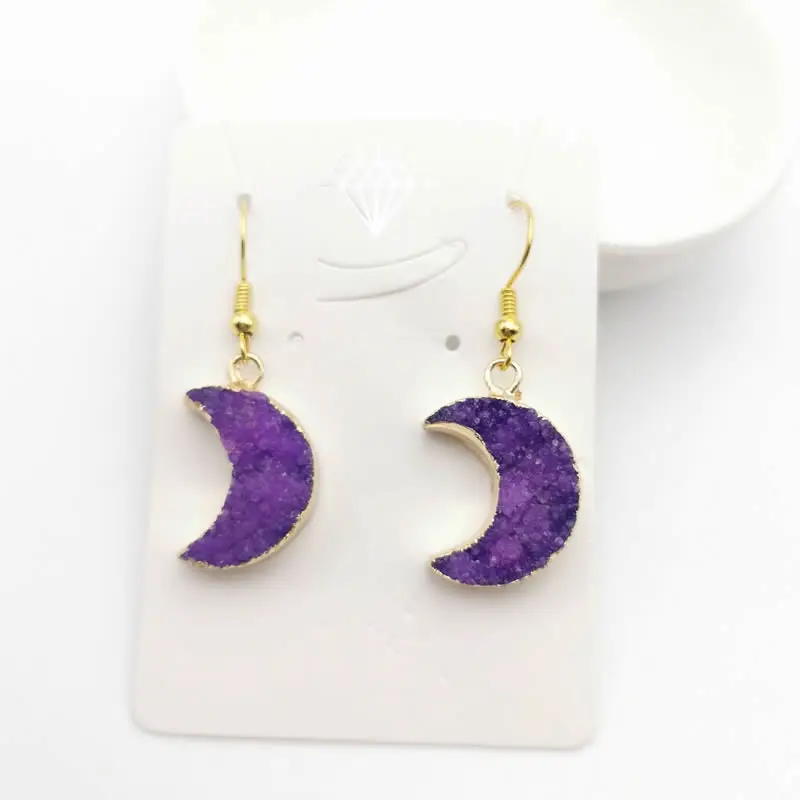 Серьги подвески с друзой из натурального золота в форме Луны синие серьги