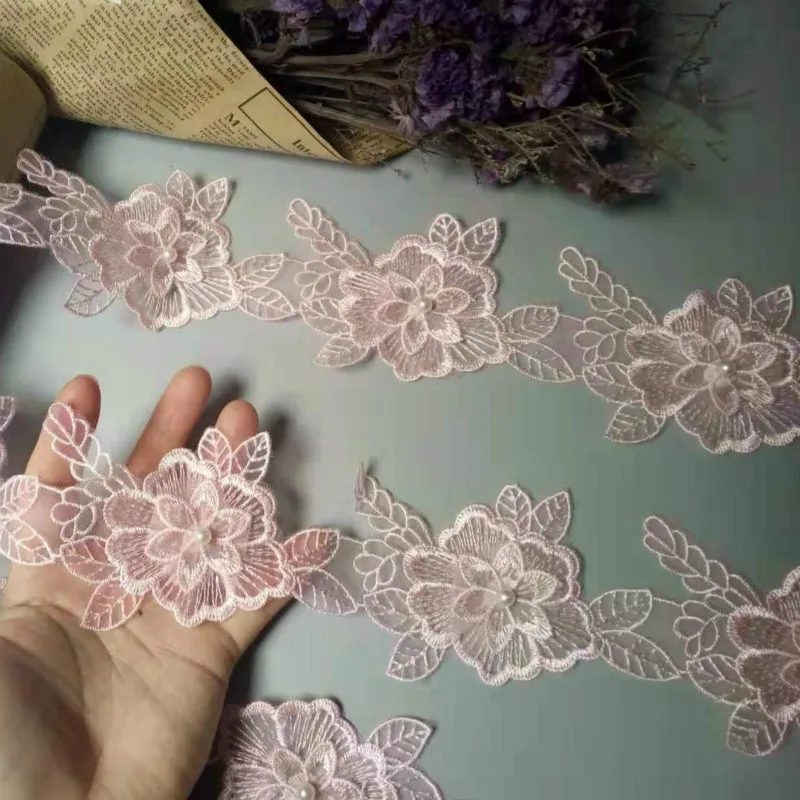 2 ярда розовый хлопок жемчужные цветы листья вышитая кружевная отделка лента