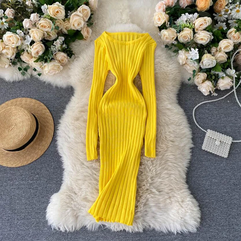 

Женское эластичное трикотажное платье с круглым вырезом, Осень-зима 2020, свитер с длинным рукавом, облегающее платье, женские облегающие Веч...