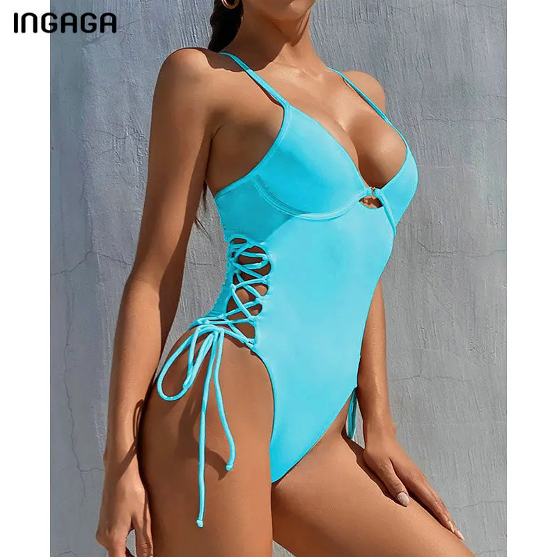Цельный купальник INGAGA с пуш-ап женский 2021 боди на шнуровке однотонная пляжная