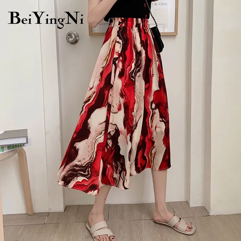 

Beiyingni Fashion Midi Skirts Women Printed Vintage Korean Casual A Line Skirt Chiffon Beach Boho Saias High Waist Faldas Female