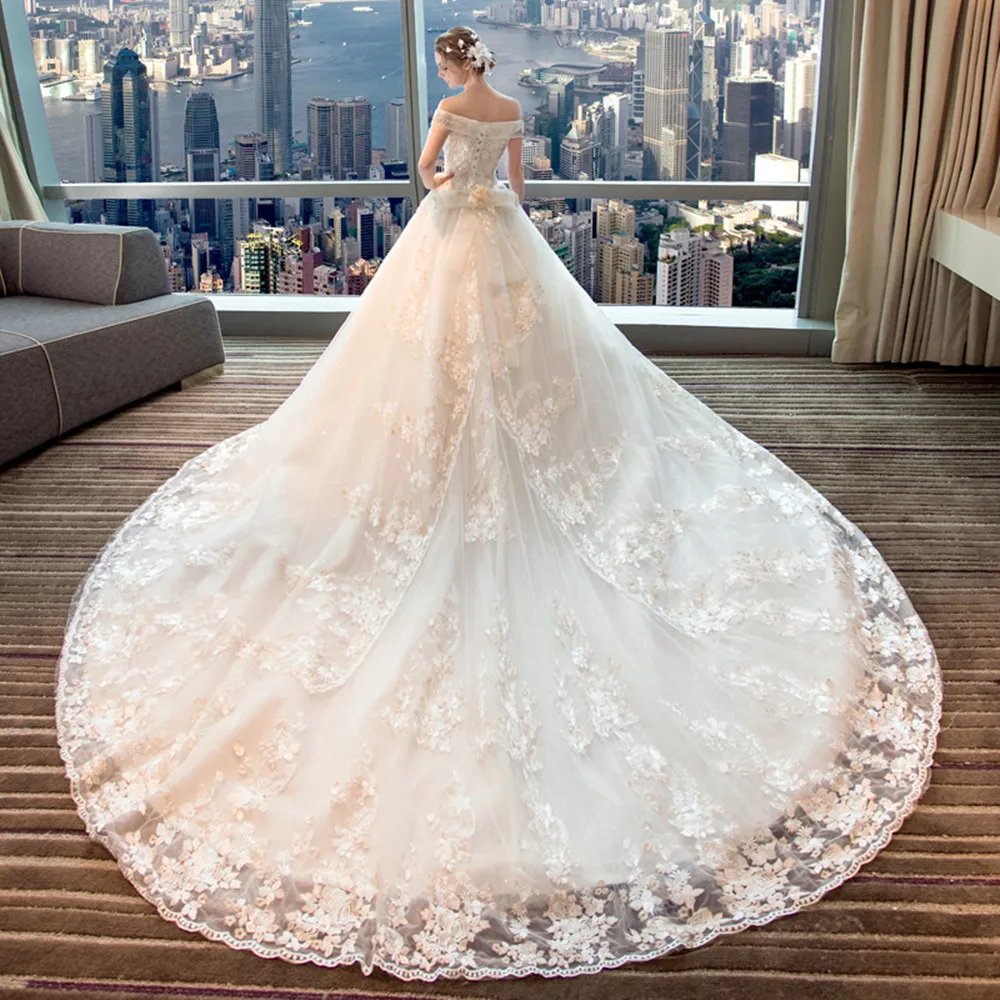 Роскошное белое свадебное платье с открытыми плечами ручной работы кружевной