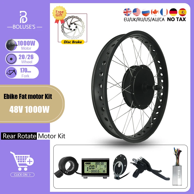 

Electric Bike Fat Motor Kit 20 26 Inch 4.0 Tyre 48V 1000W Rear Rotate Brushless Hub Motor Wheel 4 Color For Ebike Conversion Kit