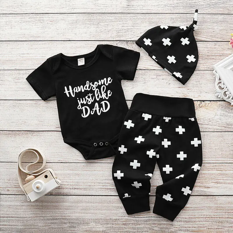 Unisex Cute Baby Boy Girl Clothes Short Sleeve Funny Letter Print Romper +Long Pants +Hat Black 3PCS Outfits 0-18M | Детская одежда и