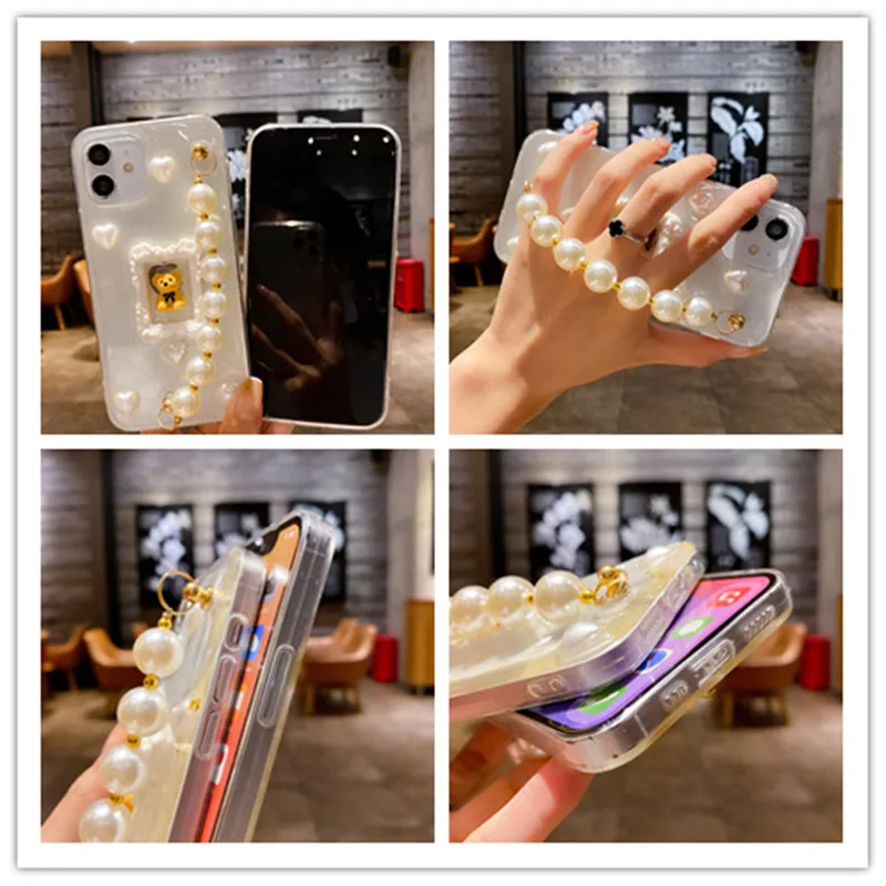 

Cute Little Bear Pearl Wristband Chain Protective Shell Glitter Phone Case Back Cover For iPhone 13 12 11 Pro XS MAX XR 8 7 Plus