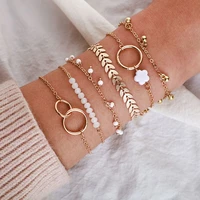 bohemian gold tassel bracelets for women boho jewelry geometric leaves beads layered hand chain charm bracelet set
