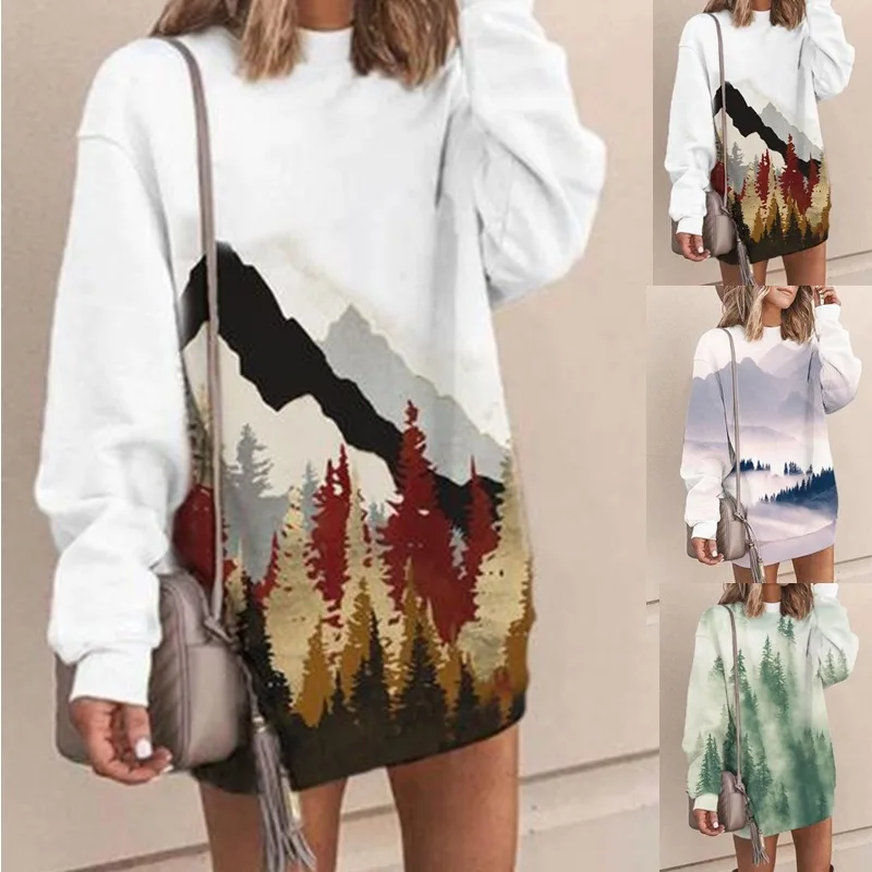 

2021 Women's Hoodie New Autumn Winter Landscape Printed Pullover Long Sleeve Sweatshirt Loose Large Size Hot Selling