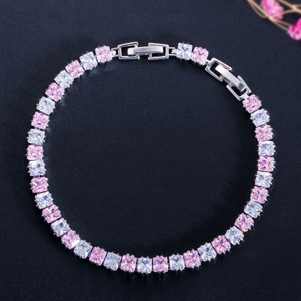 Pink ThreeGraces мода теннис стиль белое золото цвет CZ камень с Красный Синий Черный Зеленый Кристалл Браслеты паве для женщин BR006 - Окраска металла: Pink