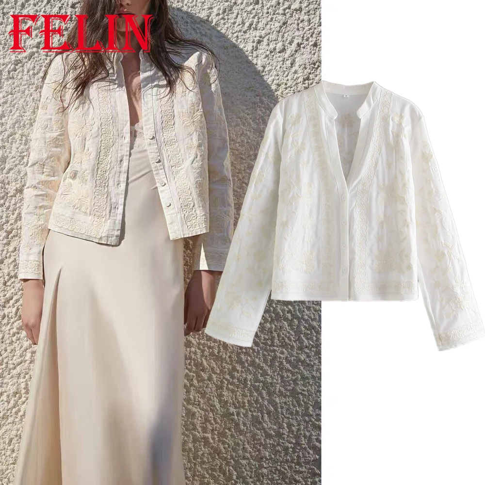 

Женский блейзер в стиле оверсайз FELIN, бежевая рубашка с вышивкой и V-образным вырезом, модная винтажная блузка, 2021