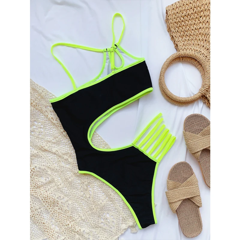 

Women's Swimwear 2021 One Shoulder Swimsuit Sexy Cut Out One Piece Trikini Patchwork Female Bathing Suit