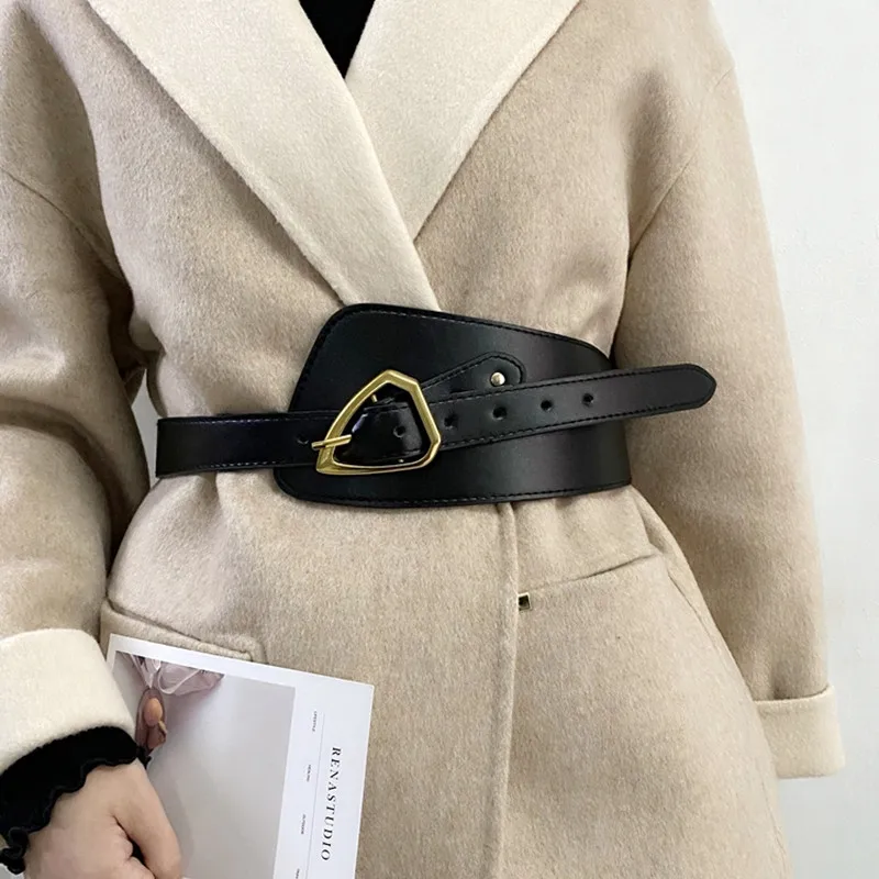 New Fashion Belts For Women Vintage Gold Triangle Pin Buckle Cummerbunds HOT Body Corset Brown Wide Soft PU Leather Waistbands