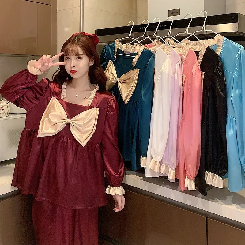 

2020 Spring and Summer New Ice Silk Long-sleeved Pajamas Women's Suits Student Home Clothes Sweet Girl Bow Princess Style
