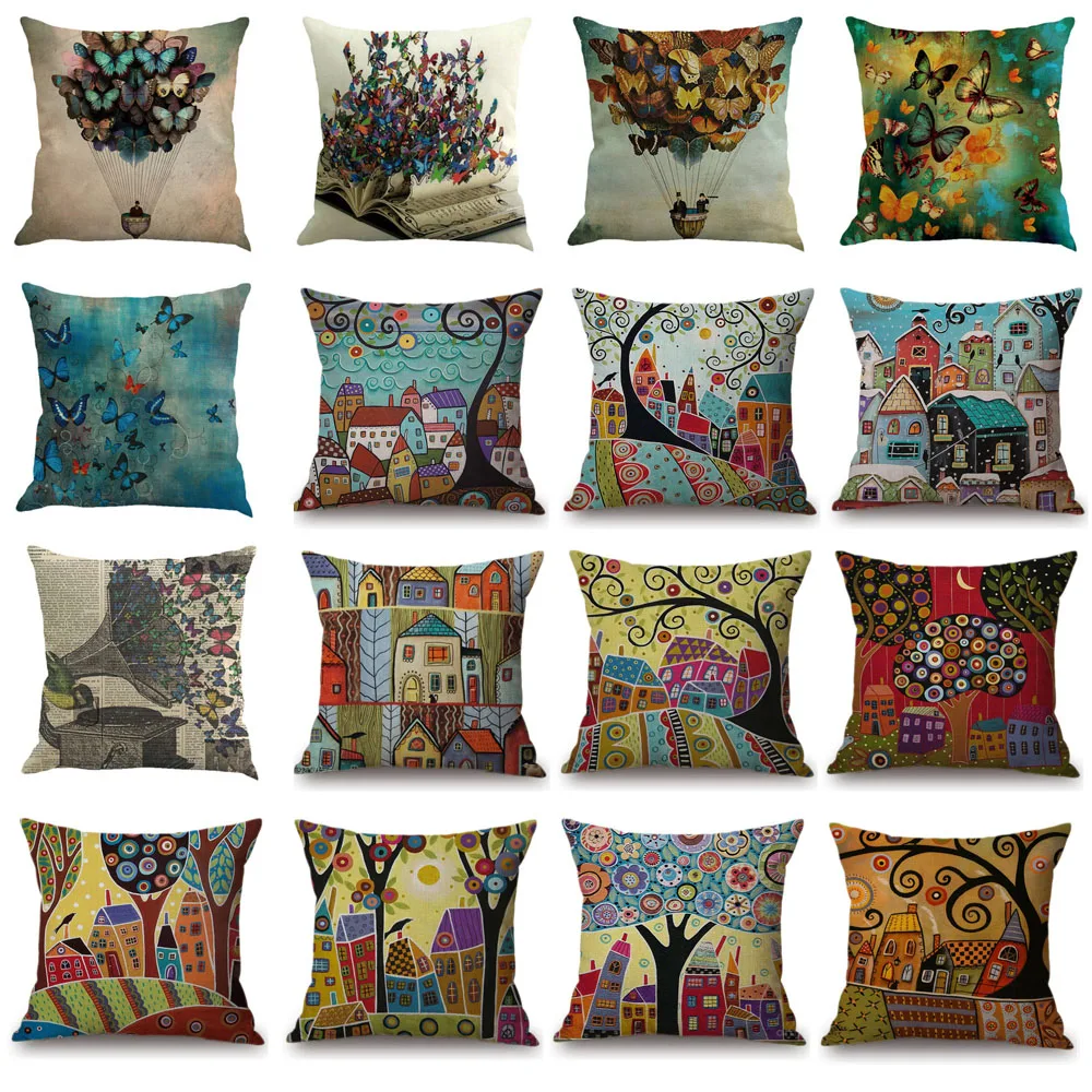 

Cushion Covers Decorative Pillows bed Cotton Linen Natural Butterfly Printed Throw Pillowcases Covers For Home Decor Sofa Chair