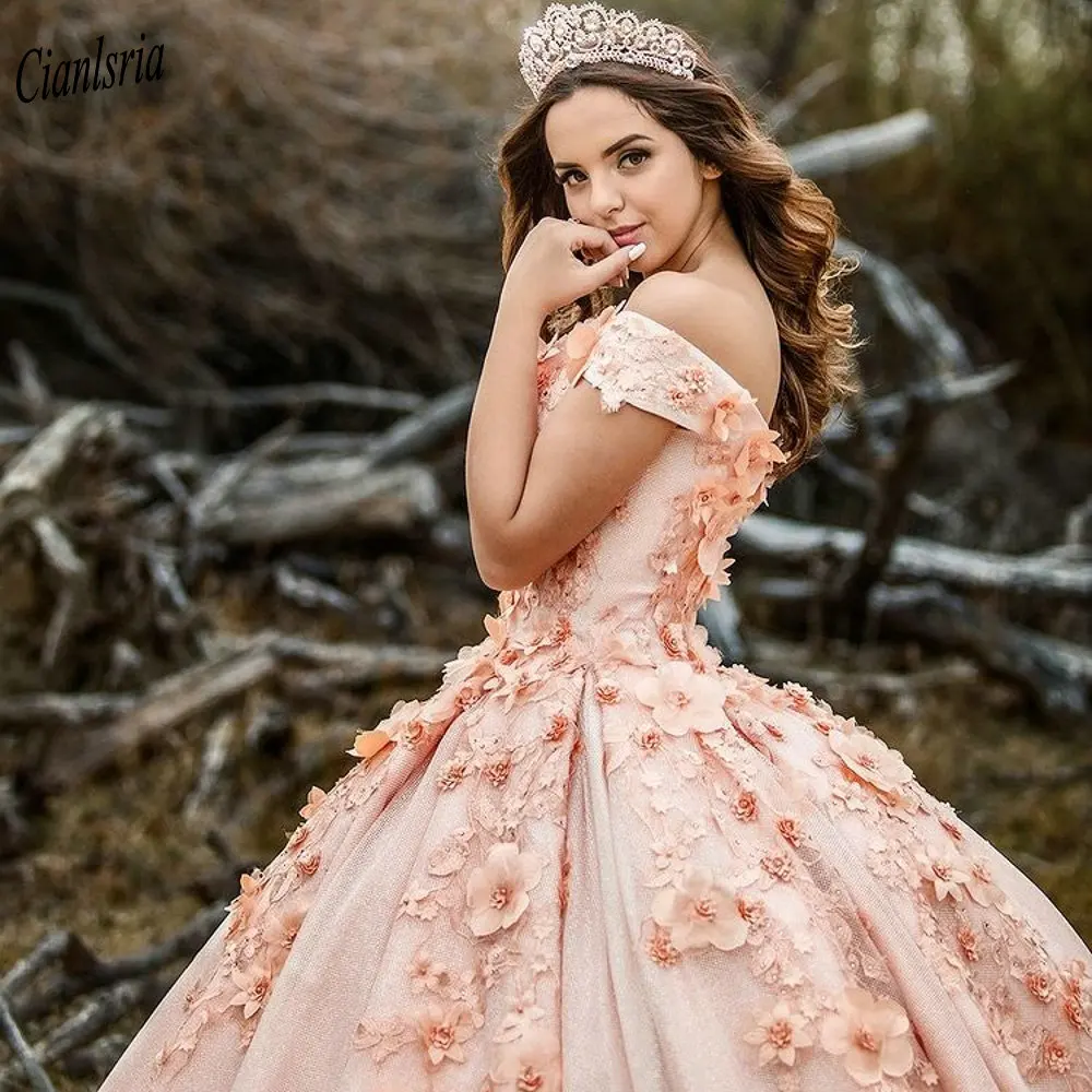 

Sparkly Rose Gold Off The Shoulder Ball Gown Quinceanera Dress With Handmade Flowers Appliques Sweet 15 Prom Party Dresses