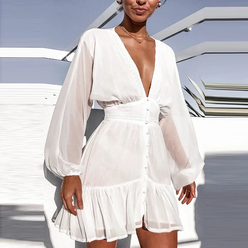 

2021 New Ladies Summer Lantern Sleeve Solid Chiffon Dress Women Sexy Short Sleeve A Line Knee Lengh Dresses