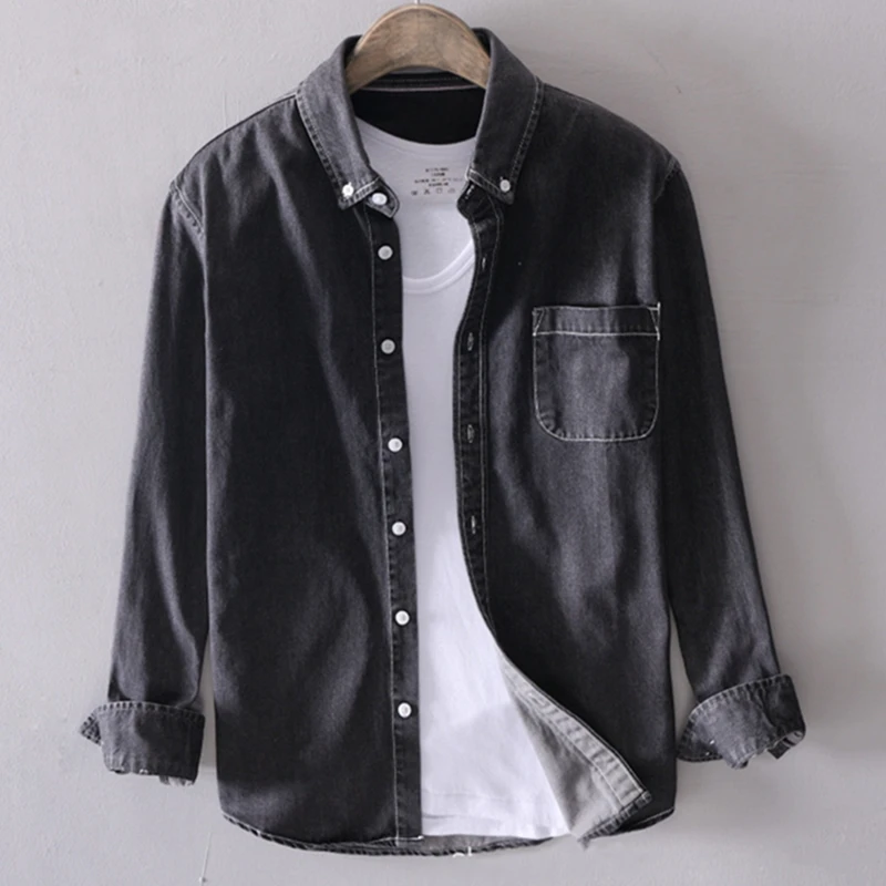 

2021 long-sleeved solid denim shirt fashion brand Classic retro denim Pocket decoration Business shirt Spring and Autumn Tops