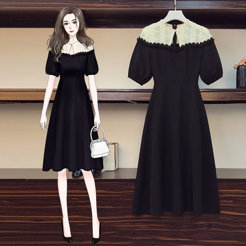 

4XL Plus Size Women Vintage Little Black Dress Summer 2021 White Lace Patchwork Short Sleeve High Waist Ladies Party Dresses