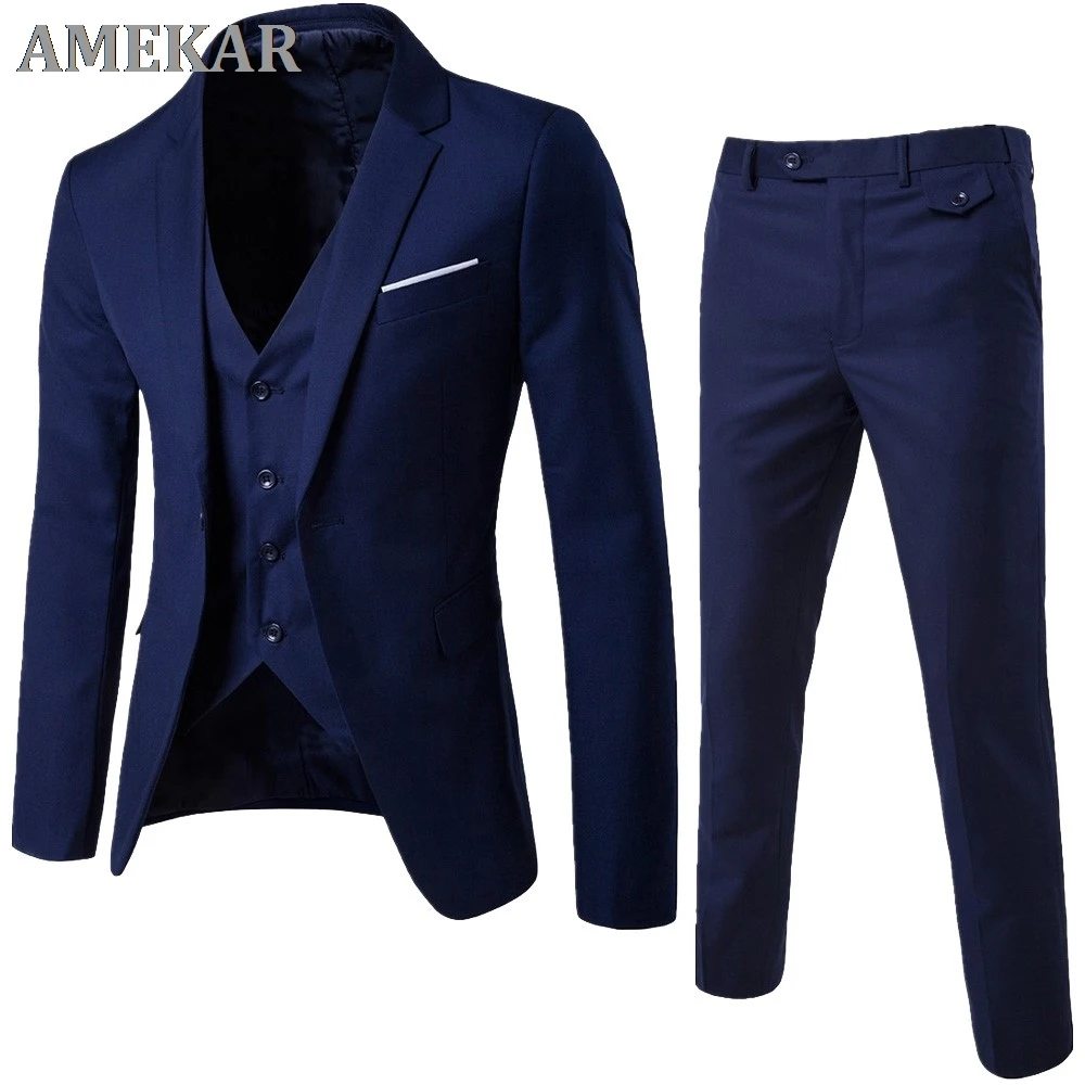 

Men's 3 Pieces Black Elegant Suits With Pants Brand Slim Fit Single Button Party Formal Business Dress Suit Male Set#LR2