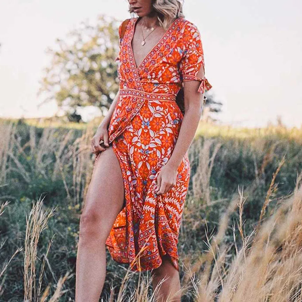 Летнее женское платье Boho длинное с v-образным вырезом и цветочным принтом