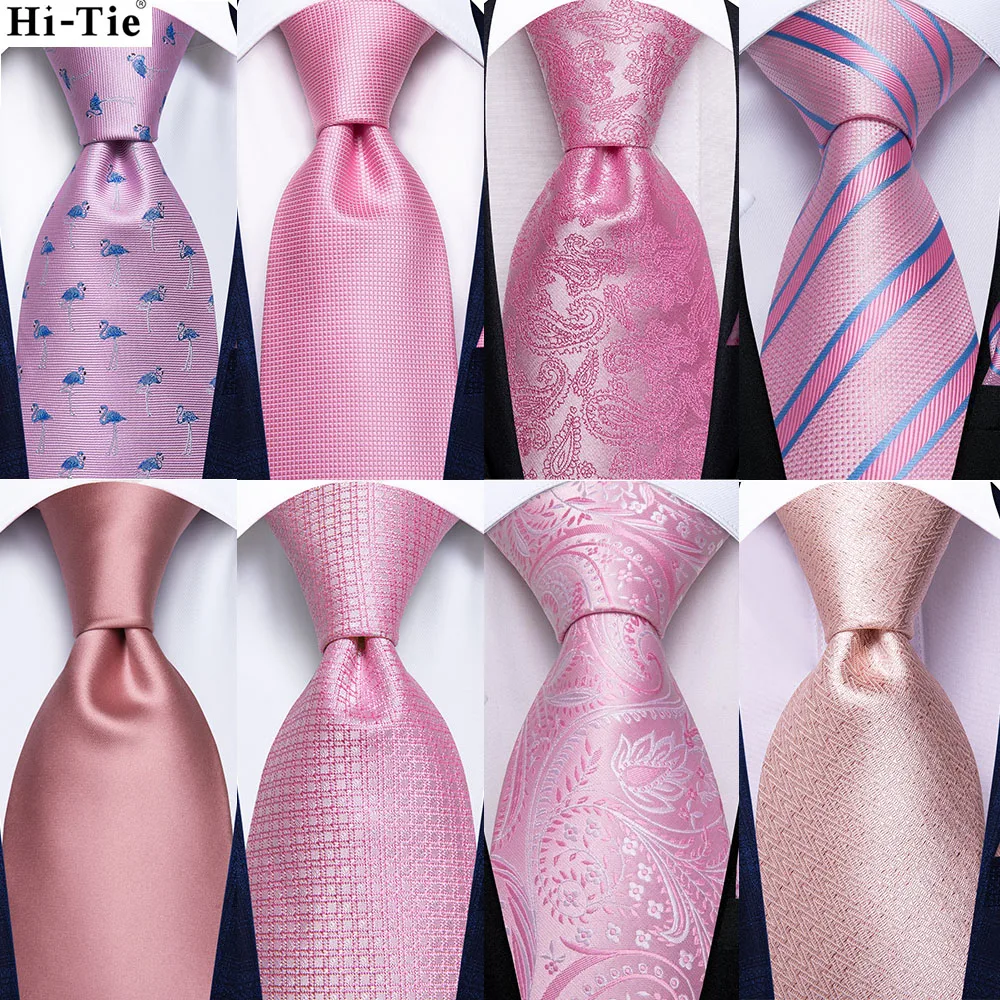 Hi-Tie Rose Peach Pink Solid Paisley Mens Silk Wedding Tie Fashion Design Necktie For Men Quality Hanky Cufflink Business Party