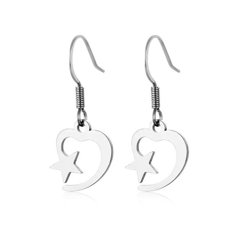 Delicate High Quality Silver Color Hollow Heart Star Hook Earrings Jewelry Stainless Steel Pentagram Drop for Women | Украшения и