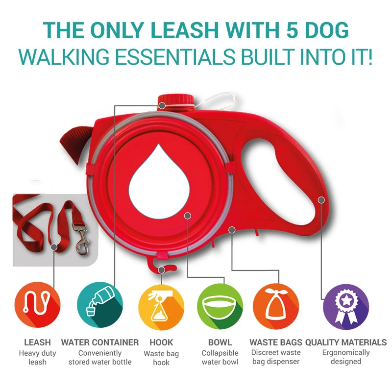 

Multifunction Pet Dog Leash with Built-in Water Bottle Bowl Waste Bag Dispenser Automatic Extending Retractable Dog Leash Rope