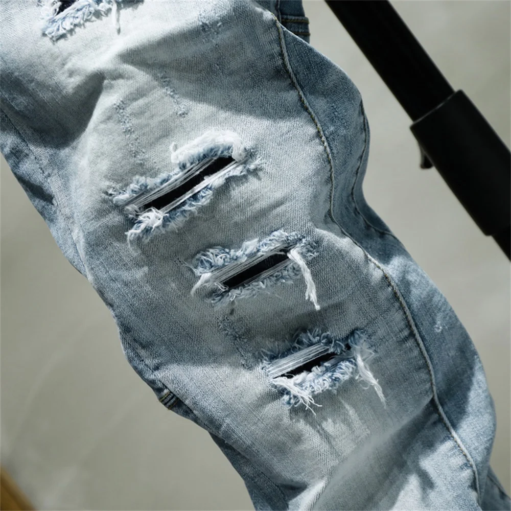 EH · MD® Triple Stitching Jeans Men's Large Leather Label Soft Casual Cotton Loose Scratch Trousers Holes Red Ears 2022 High-end