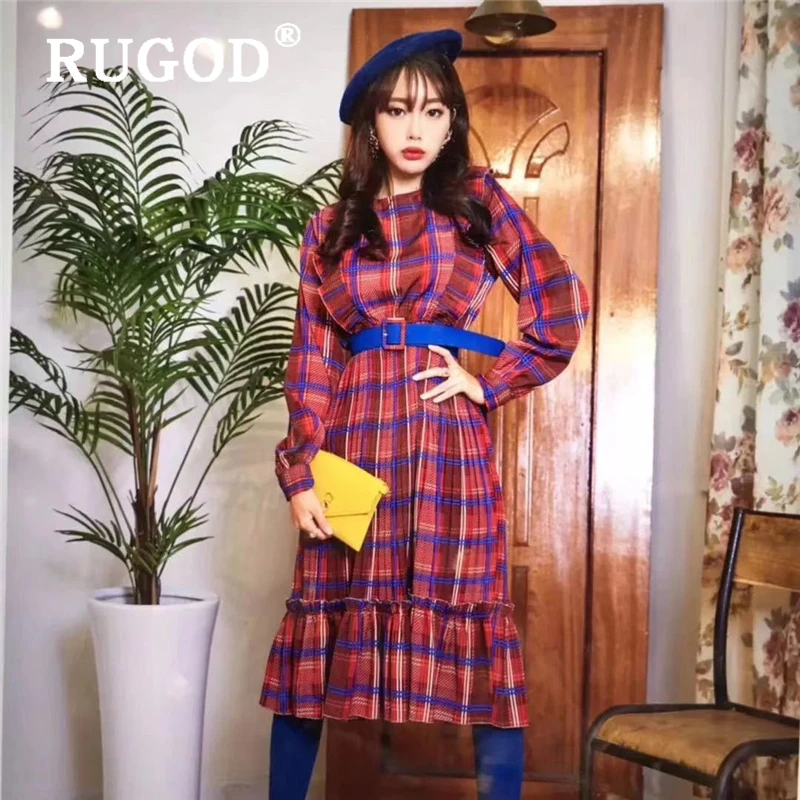 RUGOD корейское весеннее Новое клетчатое платье Женская мода круглый вырез офисное