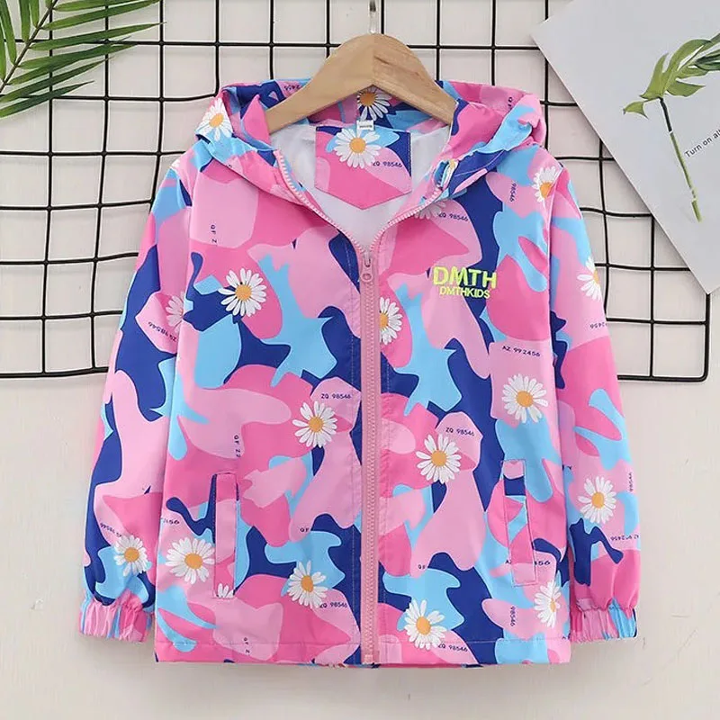 

Waterproof Girls Jackets 2021 Spring Autumn Fashion Kids Outerwear printing Windproof Hooded Jackets for Children's Coats