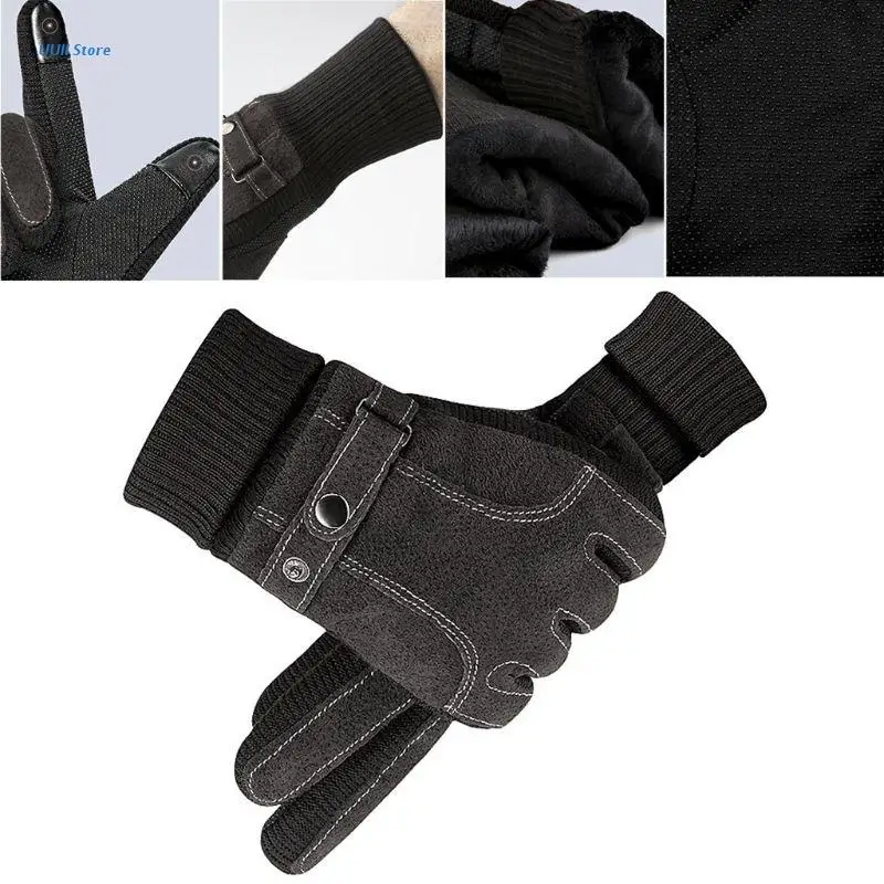 

Mens Winter Faux Leather Touchscreen Texting Driving Gloves Adjustable Elastic Cuff Anti-Slip Palm Thermal Lining Warm Mittens