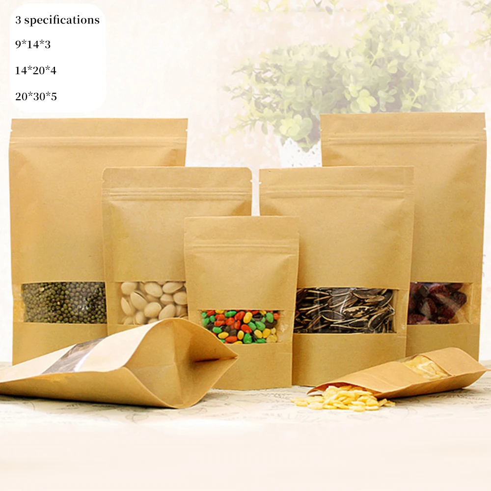 

50pcs Packing Zip Kraft Paper Window Bag Stand Up Gift Dried Food Fruit Tea Packaging Pouches Zipper Self Sealing Bags
