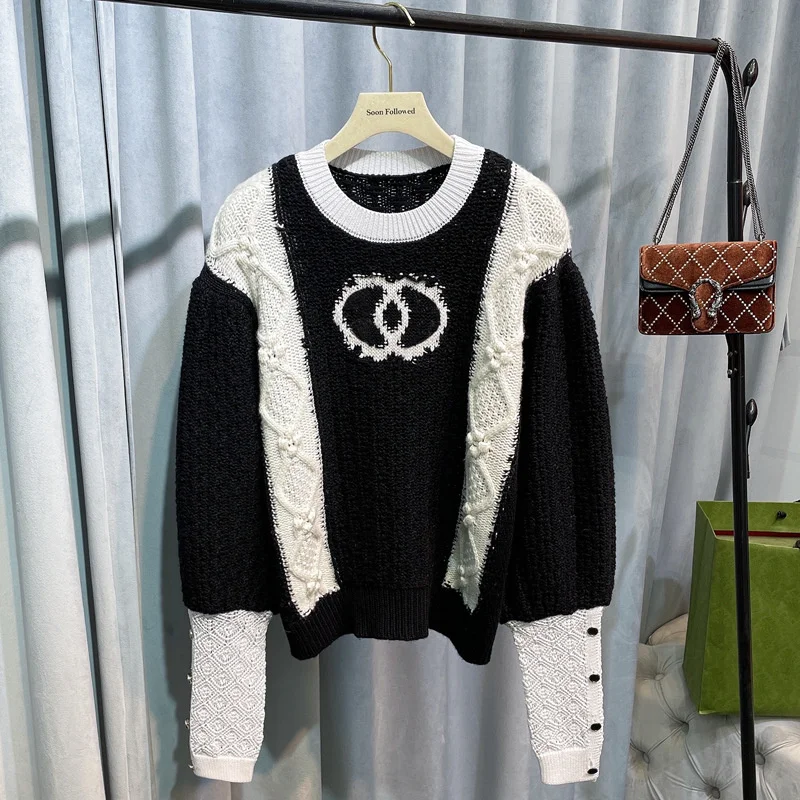 

Женский кашемировый свитер, черный и белый кашемировый свитер контрастных цветов с пузырьковым рукавом и крючком для головы, Осень-зима 2021