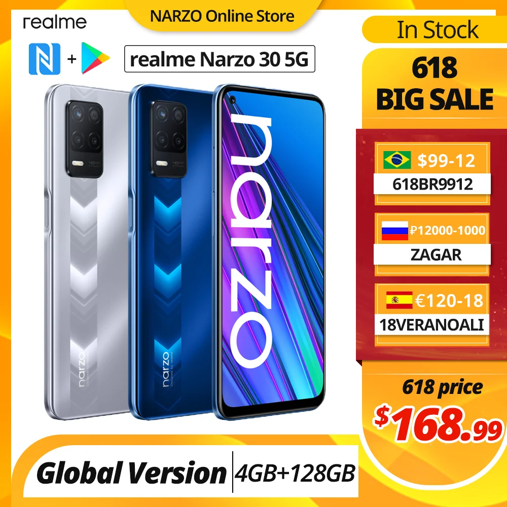 Realme narzo 30 5G Новинка мировая премьера глобальная версия 4 Гб 128 Dimensity 700 NFC 48MP тройной