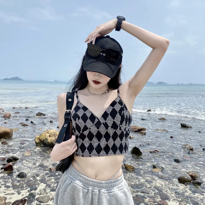 2021 New Black Argyle Plaid y2k Kawaii Camisole Women Harajuku Vintage Spaghetti Strap Milkmaid Sexy Crop Top Corset Summer 90s