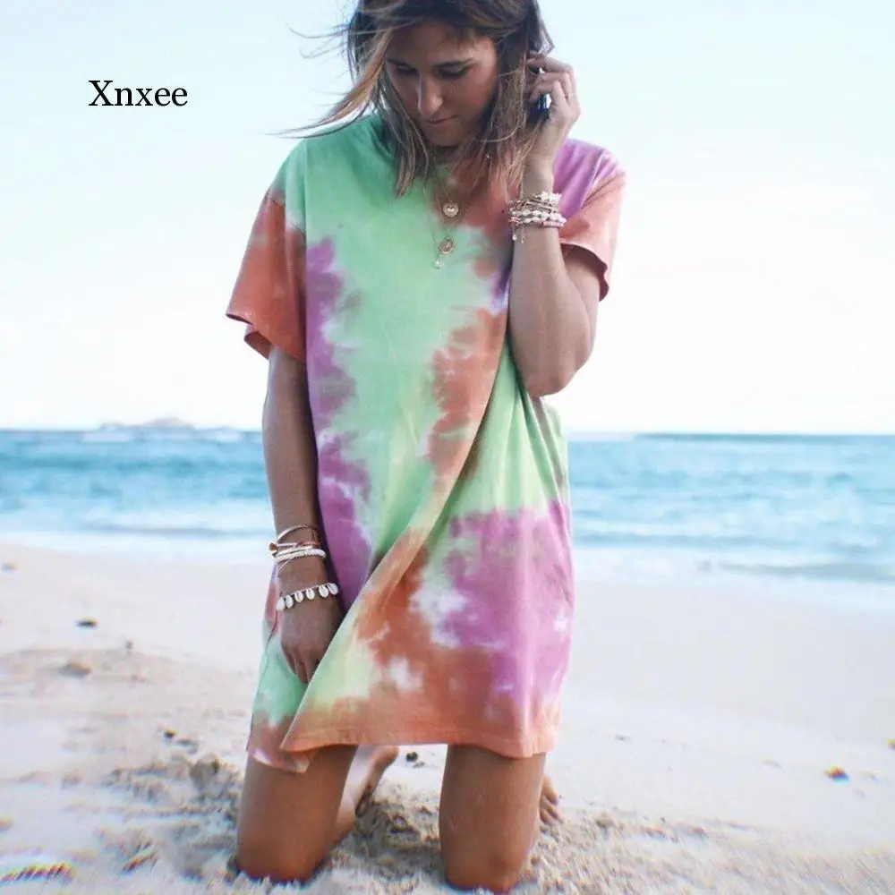 

Women Short Sleeve Party Rainbow Printed Glamorous Loose Mini Dress Tie Dyeing Graffiti Beach Vestidos 2020 New Summer Casual