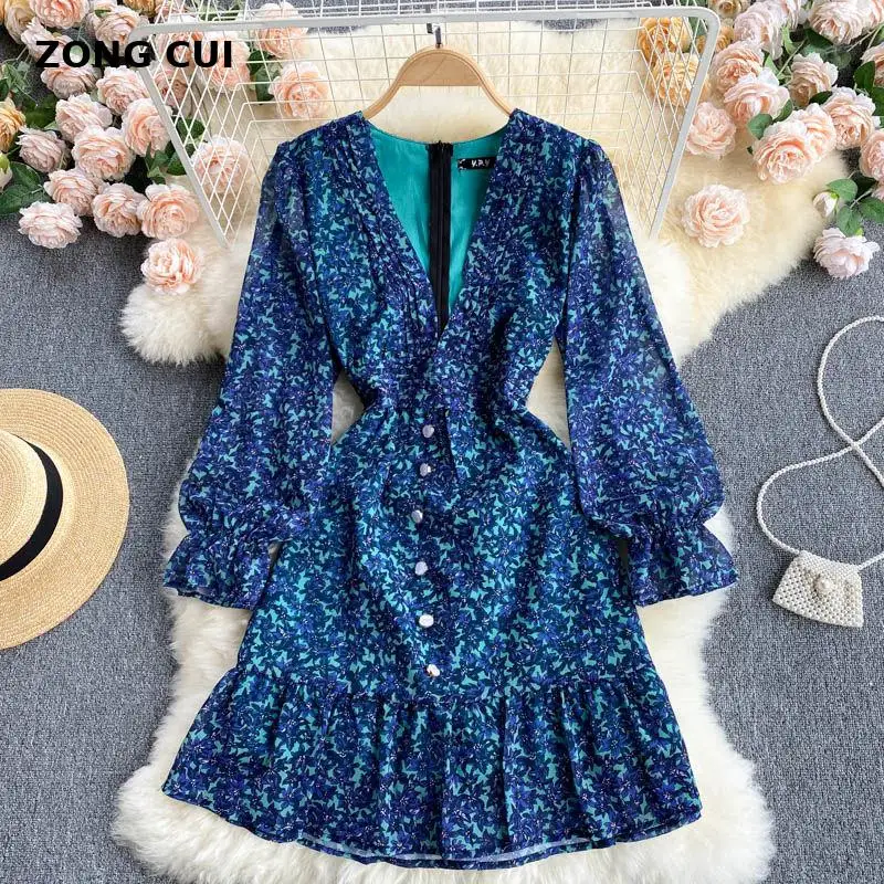 

Elegant chic long sleeve A-line dress women's sexy V-neck ruffles button vintage mini dress spring autumn MIDI dress 2021